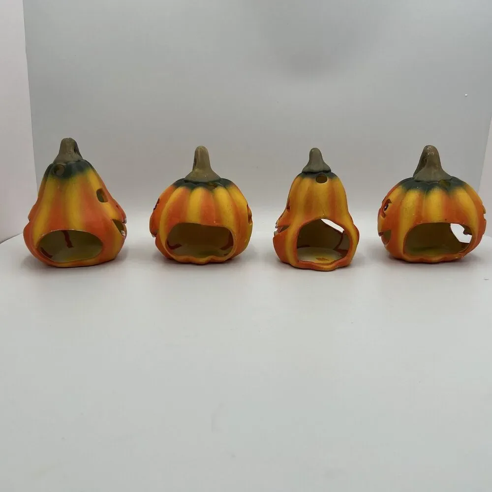 2000s Vintage Halloween Jack O Lantern Pumpkin Candle Holders Set of 4 Ceramic
